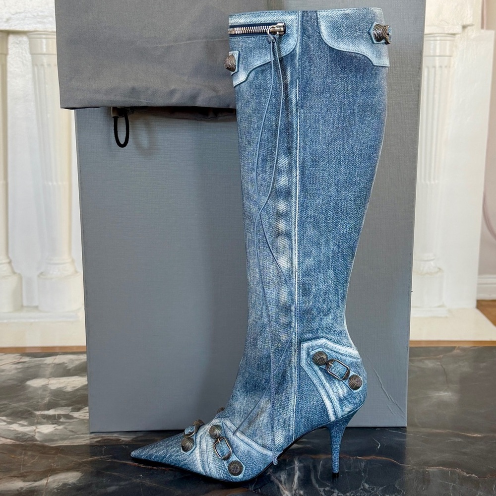 NIB $2600 BALENCIAGA Cagole blue denim leather 771231 stud moto tall boots 41/11 - Picture 1 of 16